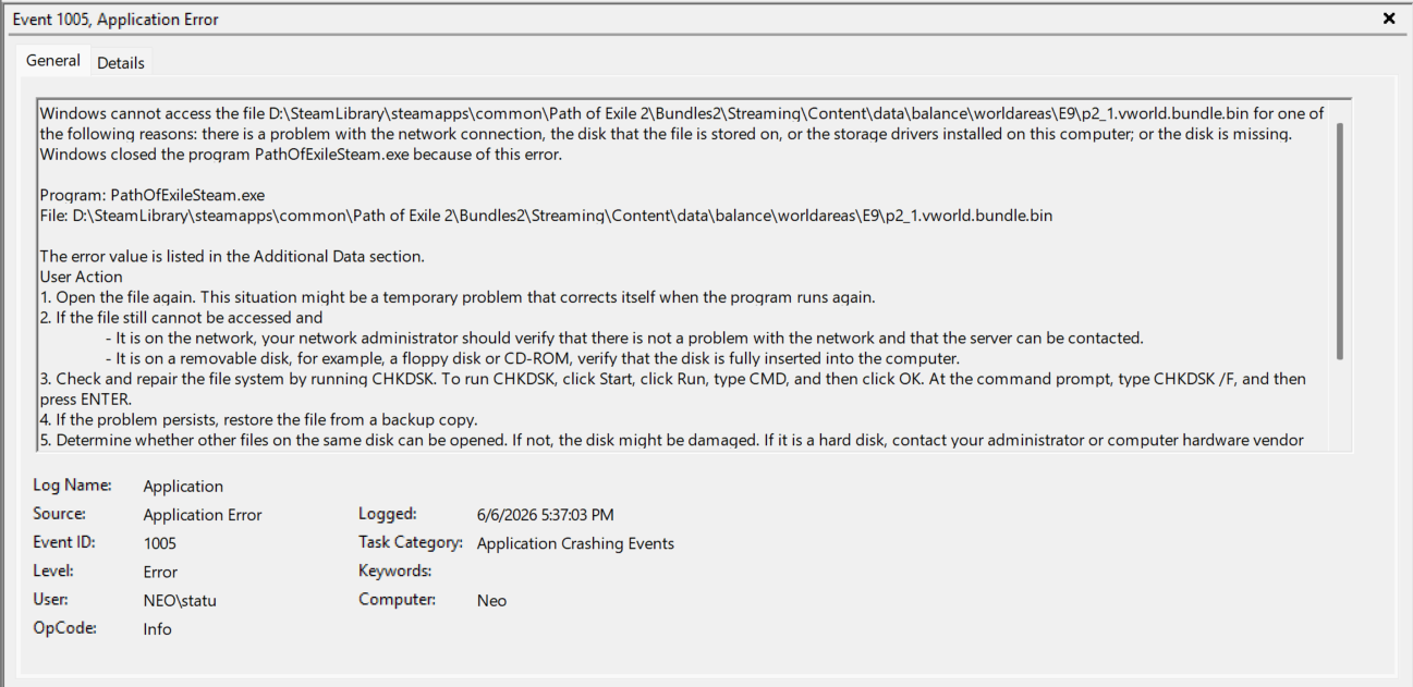 Event Viewer output showing an unreachable file path