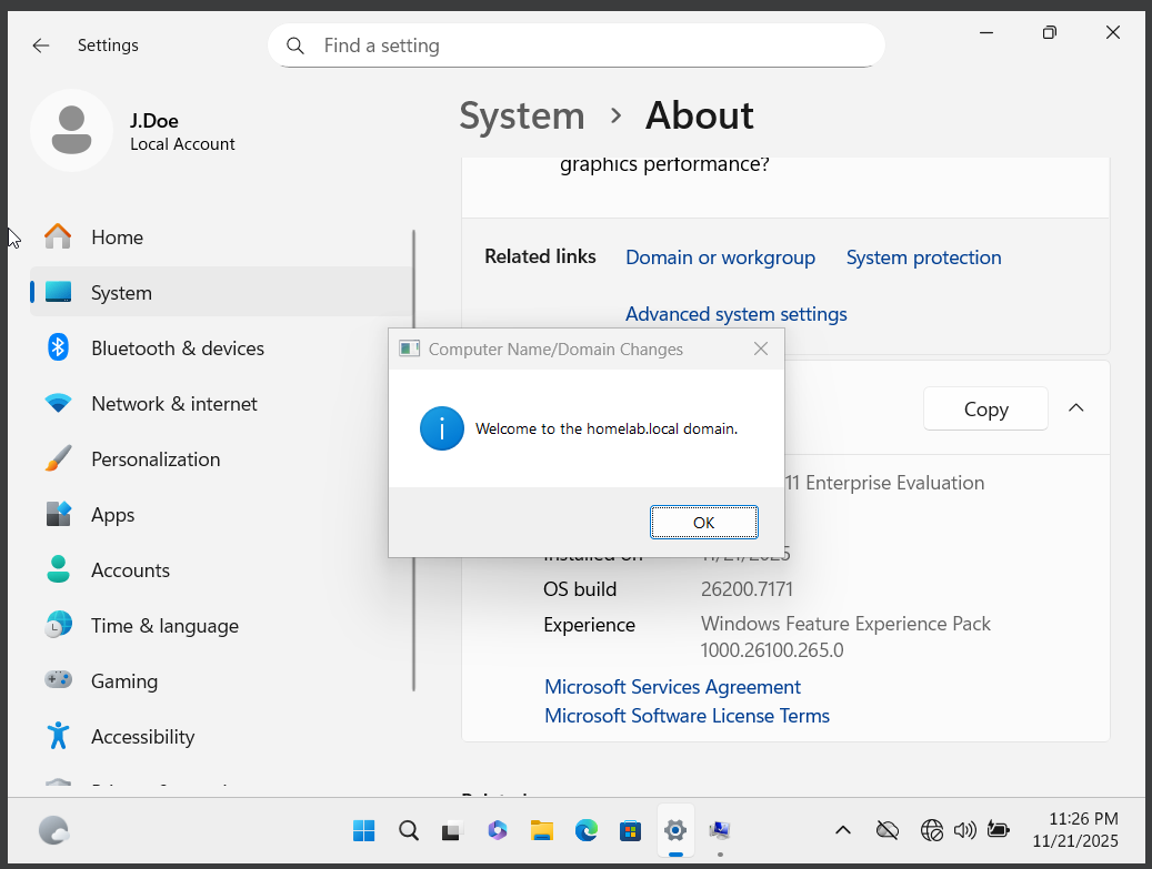 Domain join confirmation screenshot