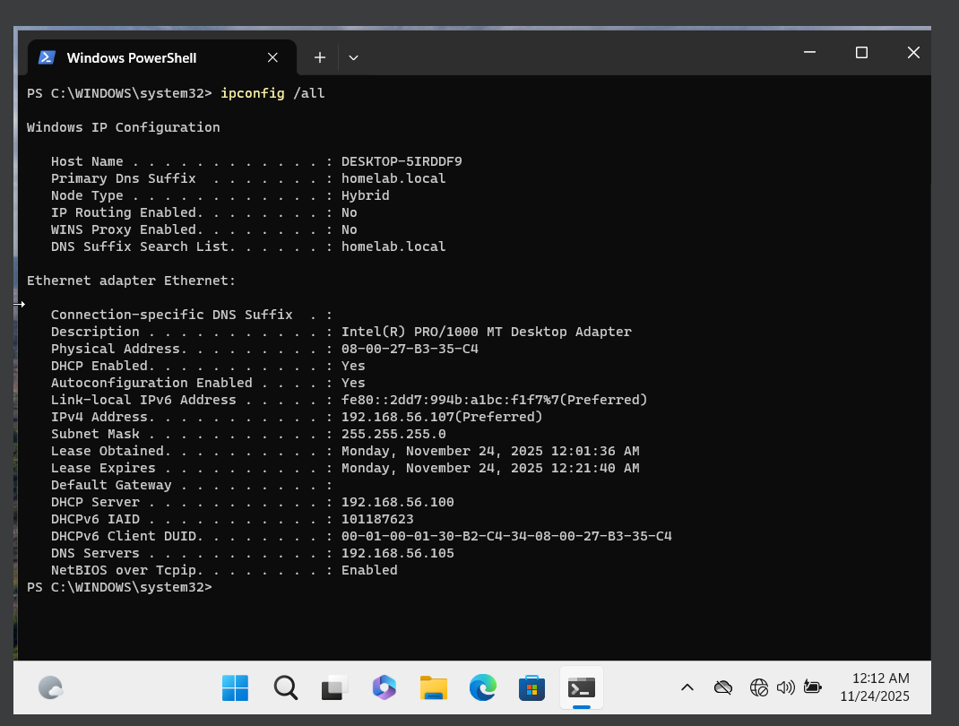 ipconfig output screenshot