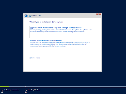 Windows Server 2022 installation optinos between Upgrade and Custom