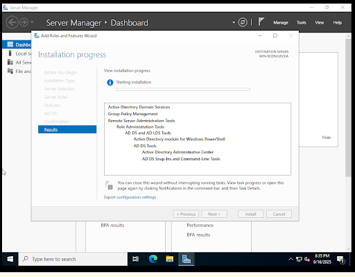 Active Directory Domain Services Installation Progress