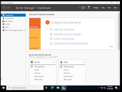 Domain Controller installation and promotion completed, ready for Active Directory setup